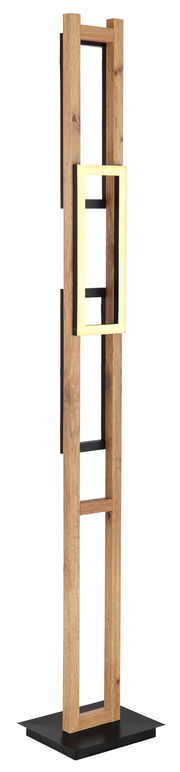 Moderne Stehleuchte aus Holz und Metall mit rechteckigem Leuchtelement, seitliche Perspektive