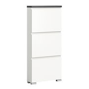 Moderner weißer Schuhschrank mit drei Klappen, seitliche Perspektive