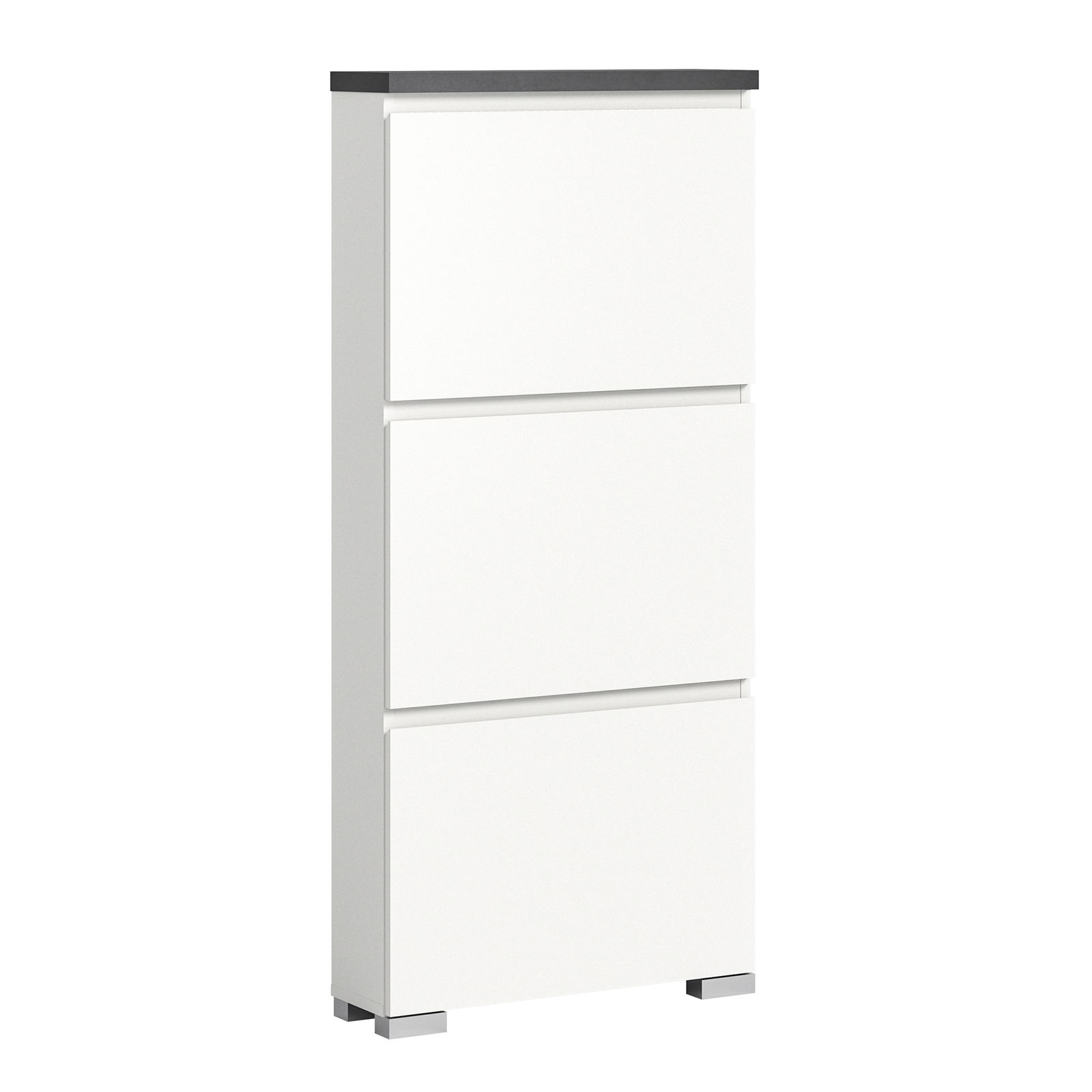 Moderner weißer Schuhschrank mit drei Klappen, seitliche Perspektive