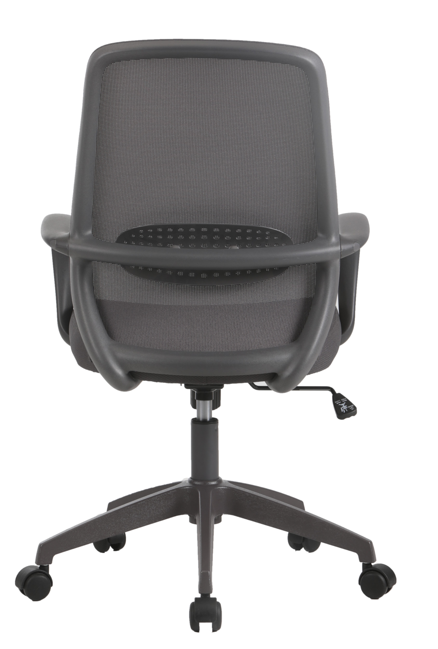 Rückansicht eines grauen Drehstuhls mit Netzrückenlehne und Rollen