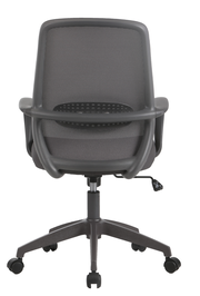 Rückansicht eines grauen Drehstuhls mit Netzrückenlehne und Rollen