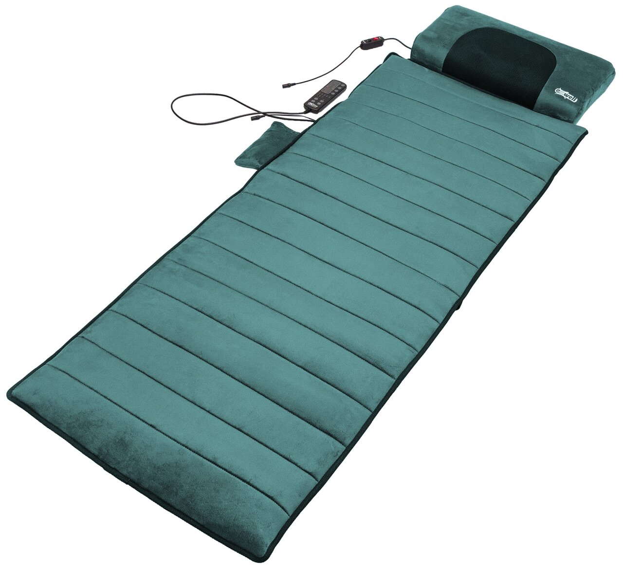Turquoise massagemat met geïntegreerd nekkussen en bedrade afstandsbediening, schuin van bovenaf in driekwartperspectief op een witte achtergrond