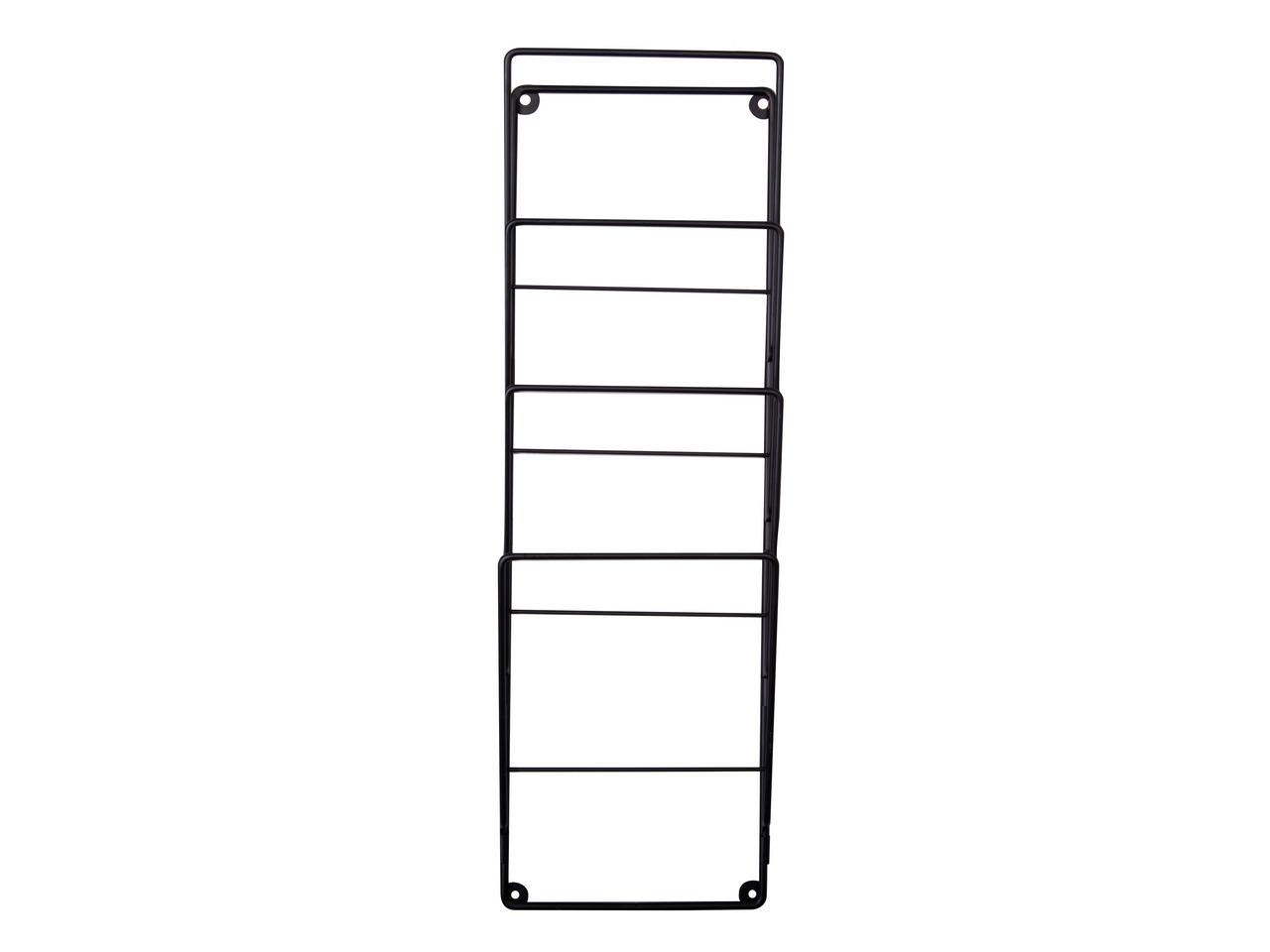 Schwarzer Wand-Magazinhalter aus Metall mit mehreren Fächern, frontal abgebildet.