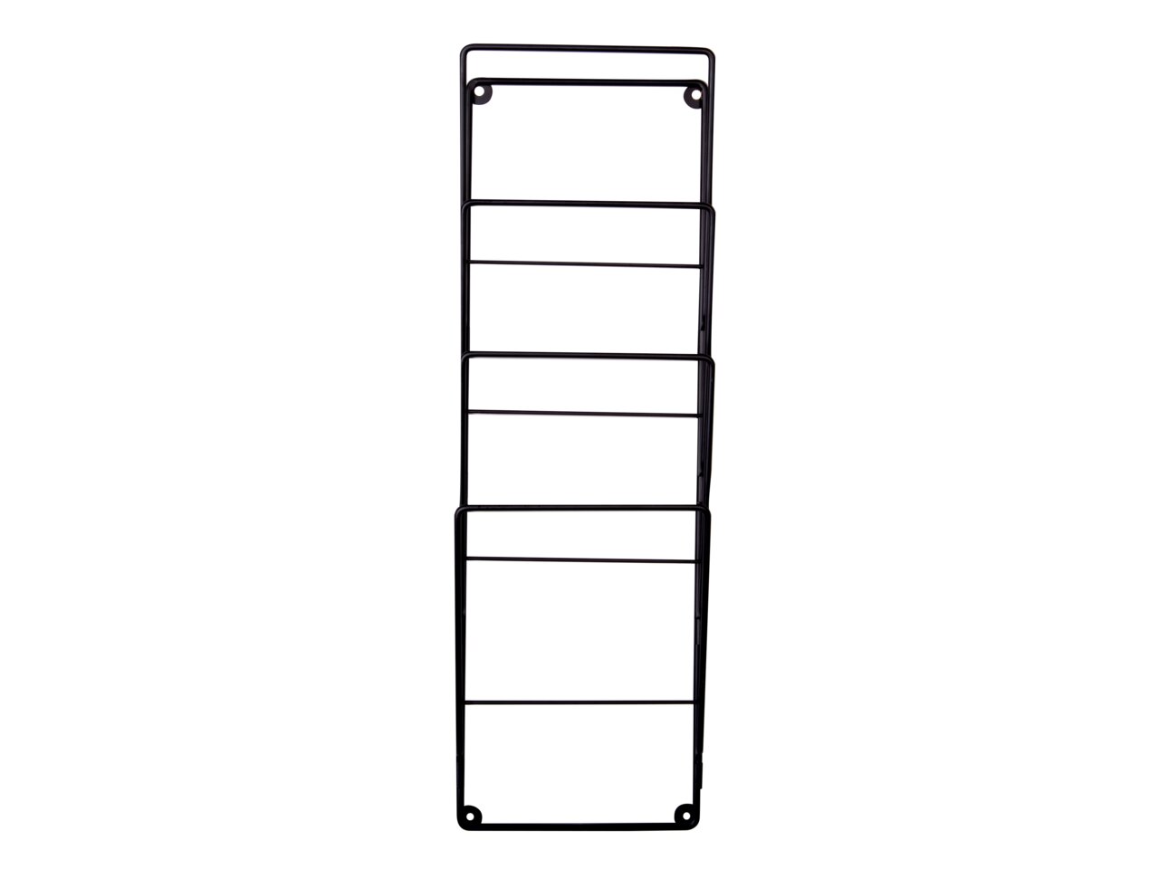 Schwarzer Wand-Magazinhalter aus Metall mit mehreren Fächern, frontal abgebildet.