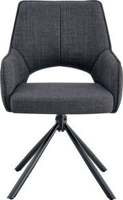 Dunkelgrauer, gepolsterter Polsterstuhl mit Armlehnen und schwarzem Metall-Drehkreuzgestell, Frontalansicht