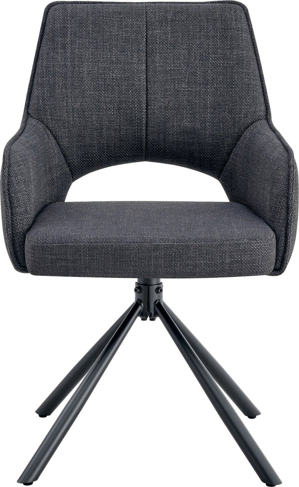 Dunkelgrauer, gepolsterter Polsterstuhl mit Armlehnen und schwarzem Metall-Drehkreuzgestell, Frontalansicht