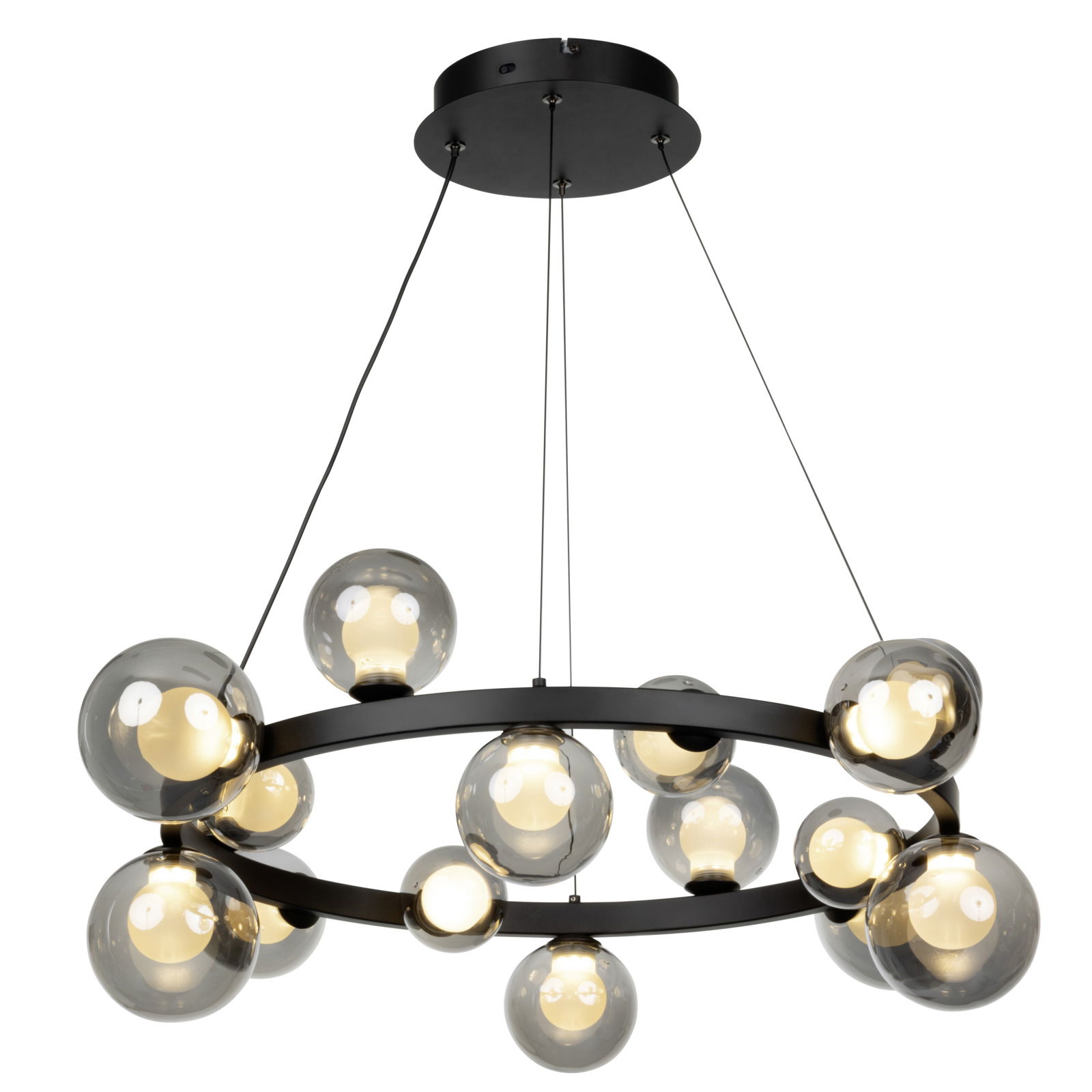 Moderne LED-Hängeleuchte mit mehreren kugelförmigen Glaskörpern, seitliche Perspektive