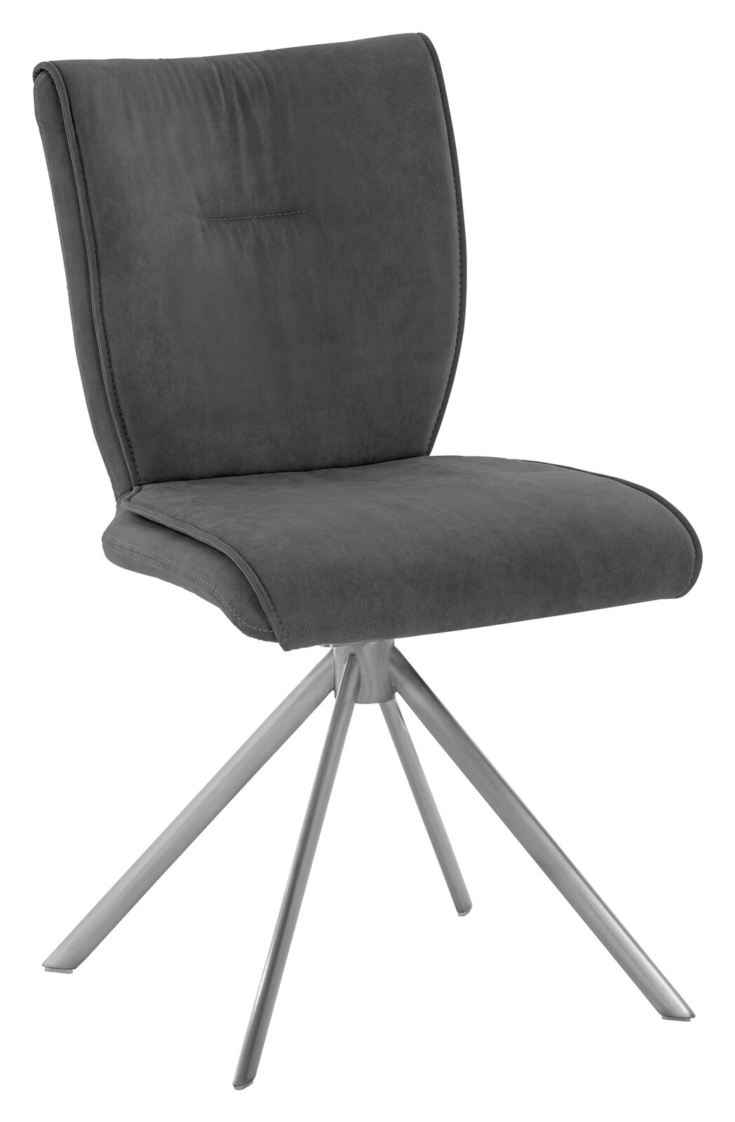 Moderner Stuhl mit grauem Polster und Metallbeinen, seitliche Perspektive