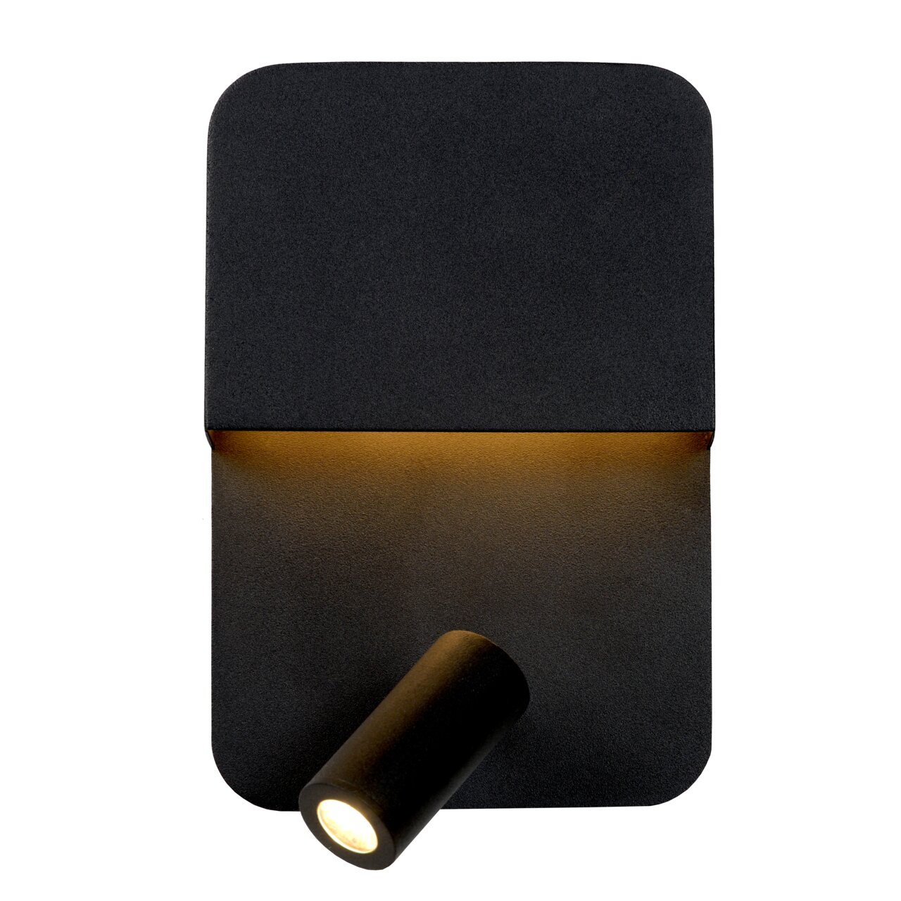 Zwarte wand- en bedlamp Lucide BOXER met een modern ontwerp, rechthoekige vorm en verstelbare spot, gezien vanaf de voorkant.