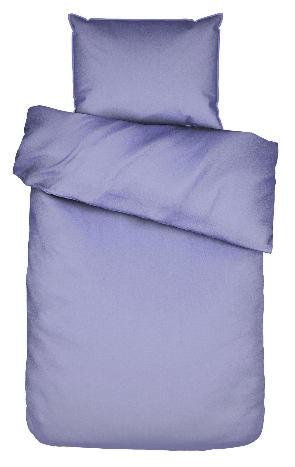 Lila Bettwäsche-Set bestehend aus einem Kissenbezug und einem Bettdeckenbezug, von oben betrachtet.