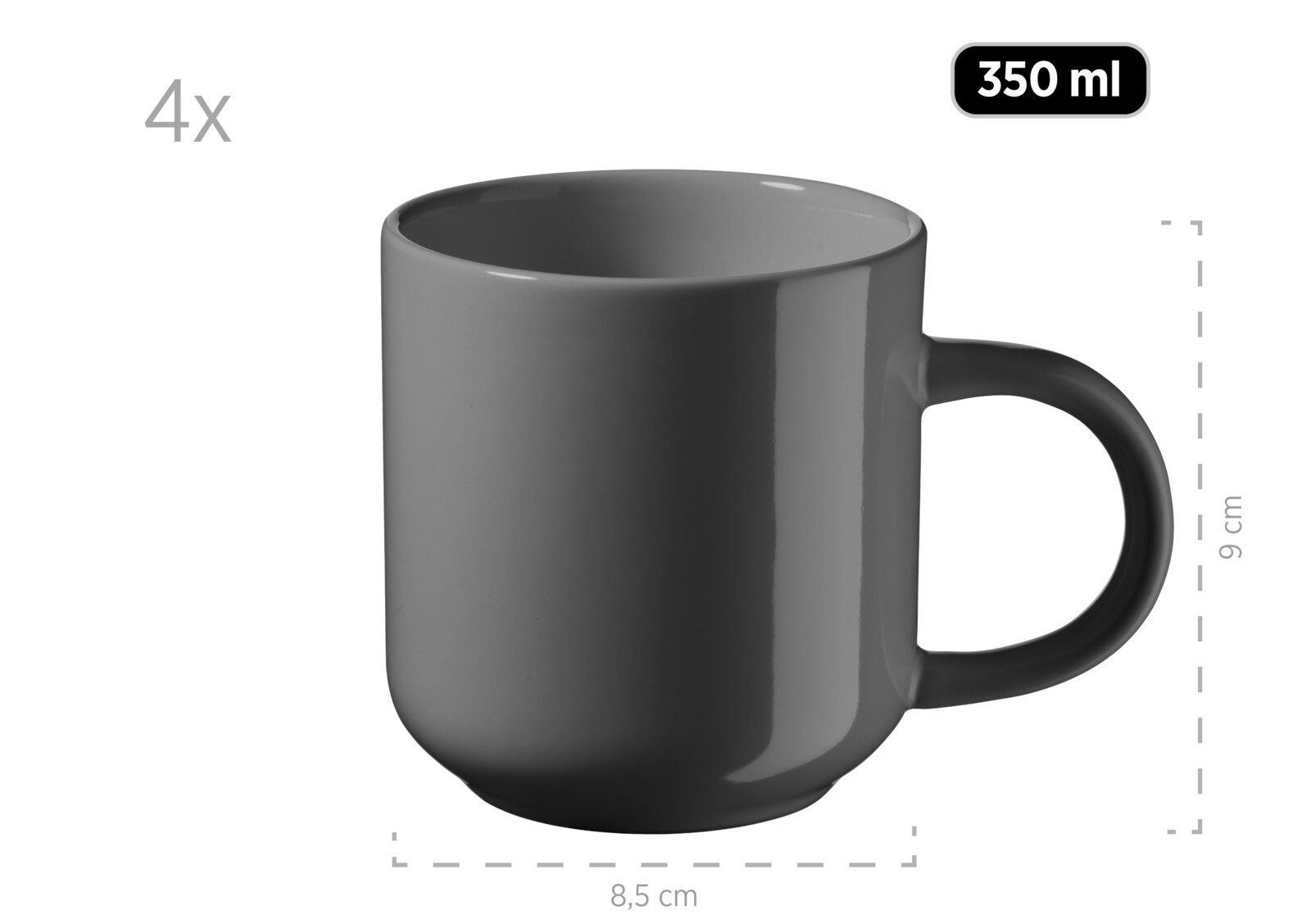 Dunkelgraue Keramik-Kaffeetasse mit Henkel, 350 ml Fassungsvermögen, ca. 9 cm hoch und 8,5 cm Durchmesser, freigestellt auf weißem Hintergrund, Seitenansicht leicht von vorne
