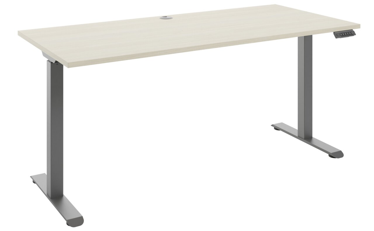 Moderner E-Schreibtisch mit höhenverstellbaren Metallbeinen und heller Holzoberfläche, seitliche Perspektive