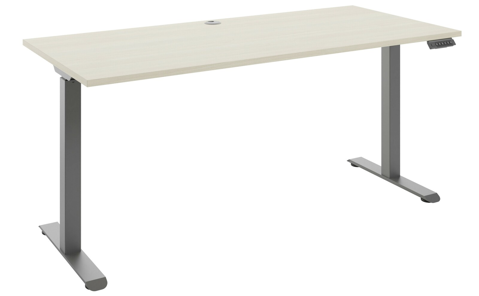 Moderner E-Schreibtisch mit höhenverstellbaren Metallbeinen und heller Holzoberfläche, seitliche Perspektive