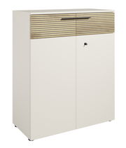 Moderner Aktenschrank mit zwei Türen und einer Schublade, Frontansicht