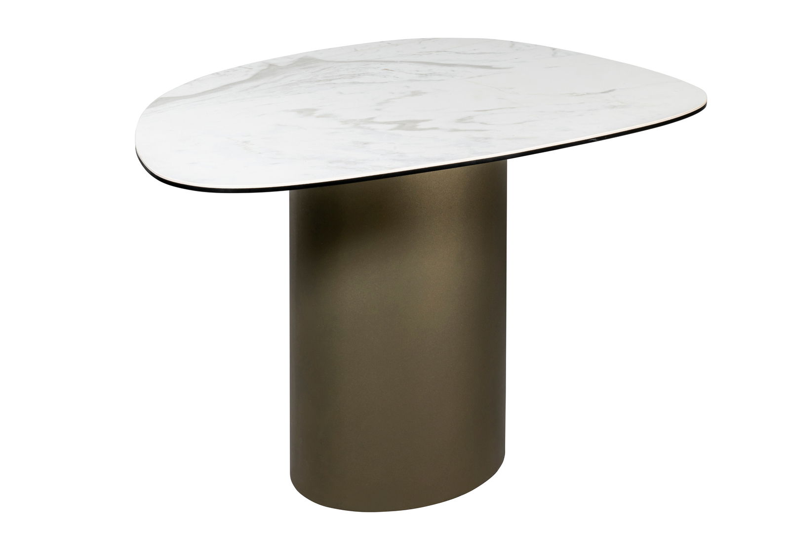 Dieter Knoll Beistelltisch SORRENTO 2 Moderner Beistelltisch mit ovaler, marmorierter Tischplatte und zylindrischem, bronzefarbenem Fuß, seitliche Perspektive.