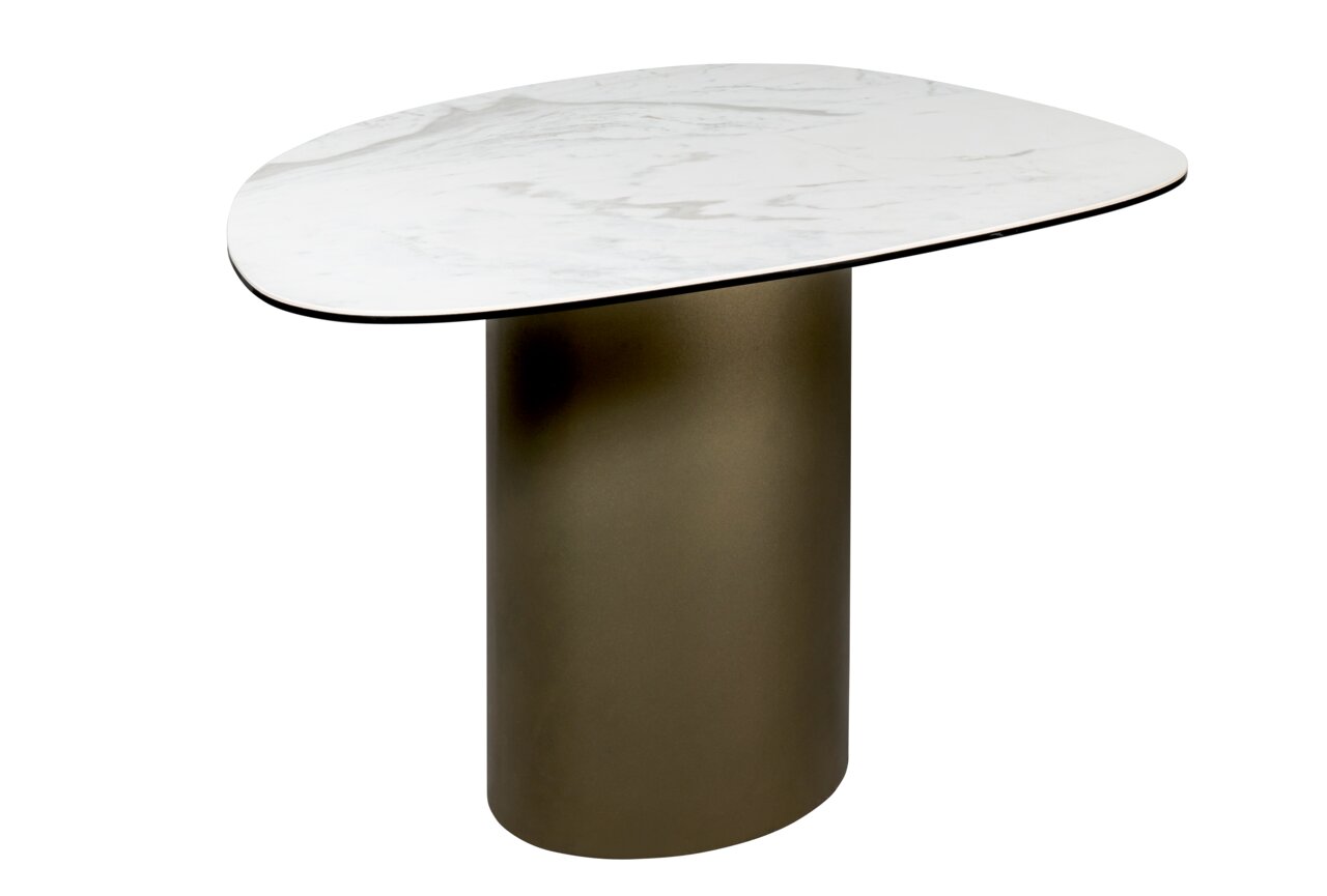 Dieter Knoll Beistelltisch SORRENTO 2 Moderner Beistelltisch mit ovaler, marmorierter Tischplatte und zylindrischem, bronzefarbenem Fuß, seitliche Perspektive.