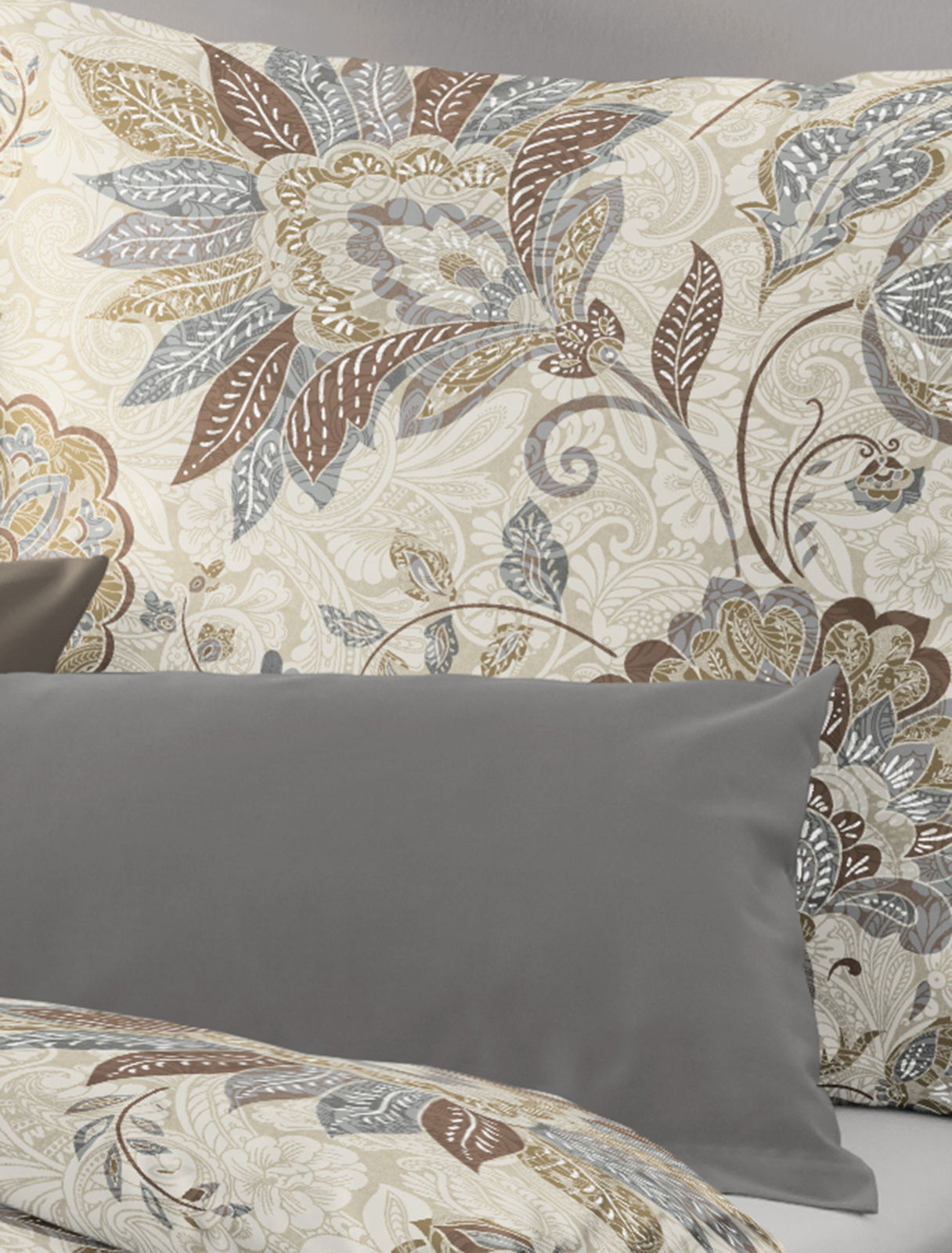 Bettwäsche-Set mit floralem Muster in Beige, Braun und Blau, Vorderansicht