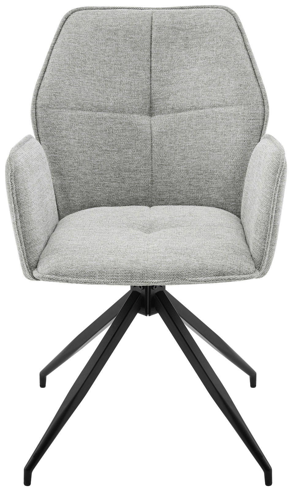 Grauer Armlehnstuhl mit schwarzem Metallgestell, Frontalansicht
