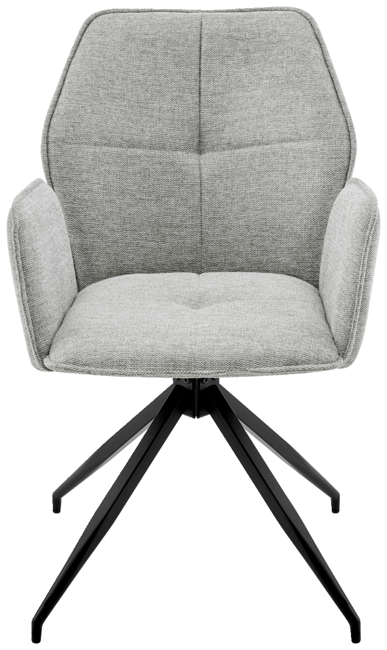 Grauer Armlehnstuhl mit schwarzem Metallgestell, Frontalansicht