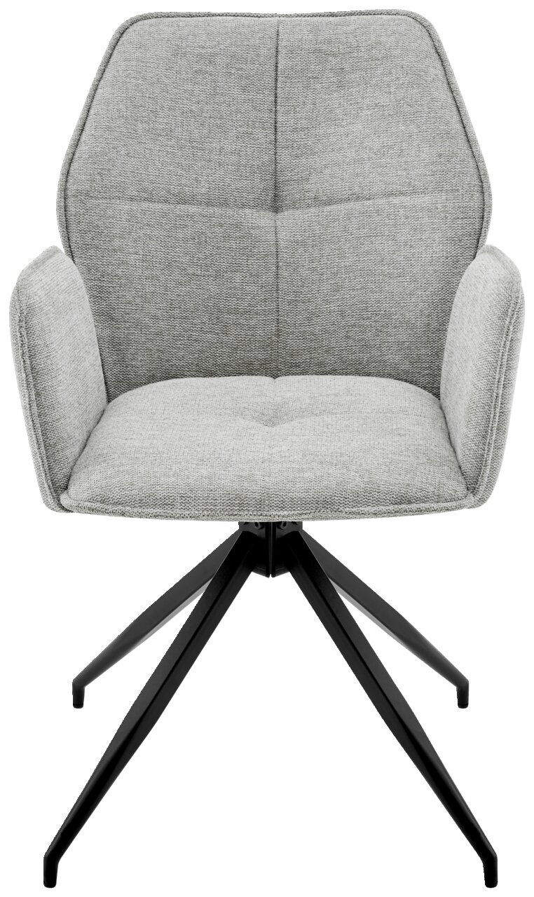 Grauer Armlehnstuhl mit schwarzem Metallgestell, Frontalansicht