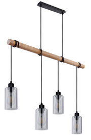 Moderne Hängeleuchte mit vier Glaskolben, hängend an einem Holzstab, seitliche Perspektive.