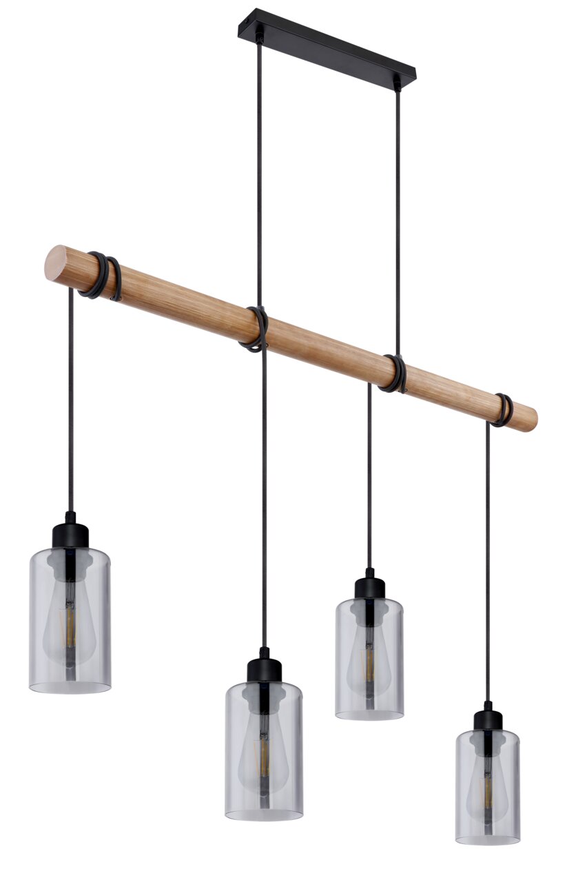 Moderne Hängeleuchte mit vier Glaskolben, hängend an einem Holzstab, seitliche Perspektive.