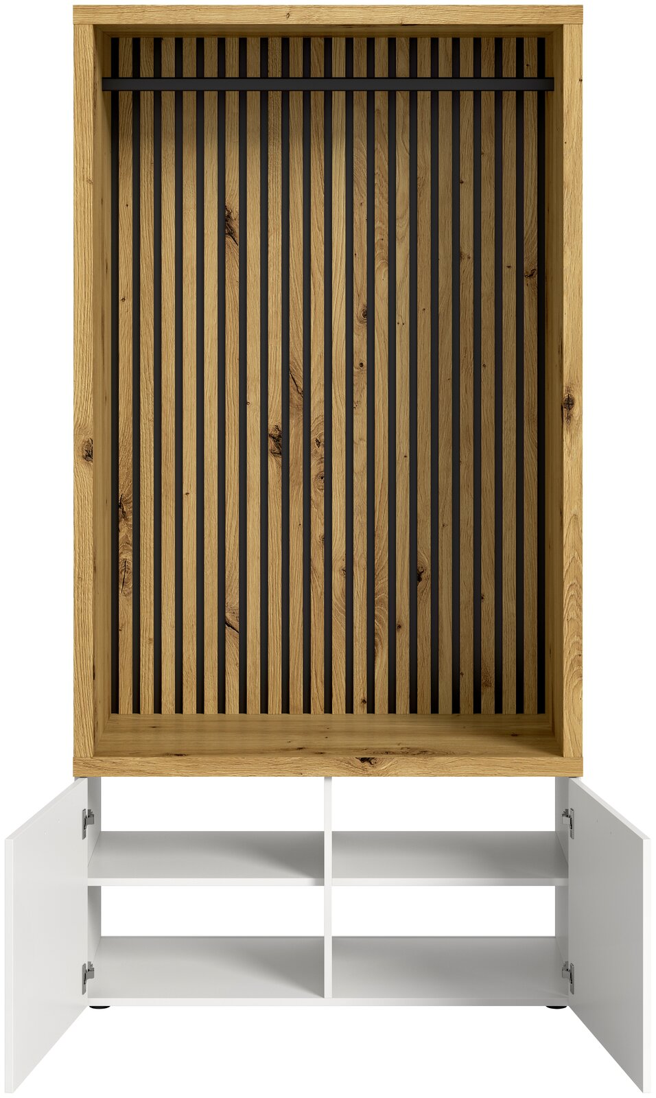 Frontale Ansicht einer Kompaktgarderobe mit Holzrahmen und vertikalen Streben, darunter ein weißes Regal mit offenen Türen.