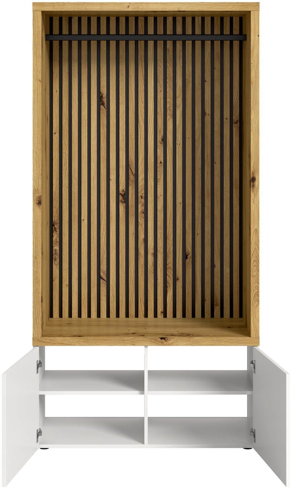 Vooraanzicht van een compacte kledingkast met houten frame en verticale steunen, met daaronder een witte kast met open deuren.