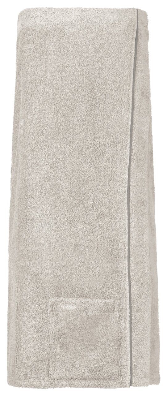 Beiges Handtuch in Vorderansicht mit Tasche, Teil eines Wellness-Sets