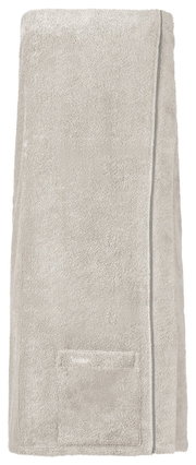 Beiges Handtuch in Vorderansicht mit Tasche, Teil eines Wellness-Sets