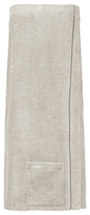 Beiges Handtuch in Vorderansicht mit Tasche, Teil eines Wellness-Sets