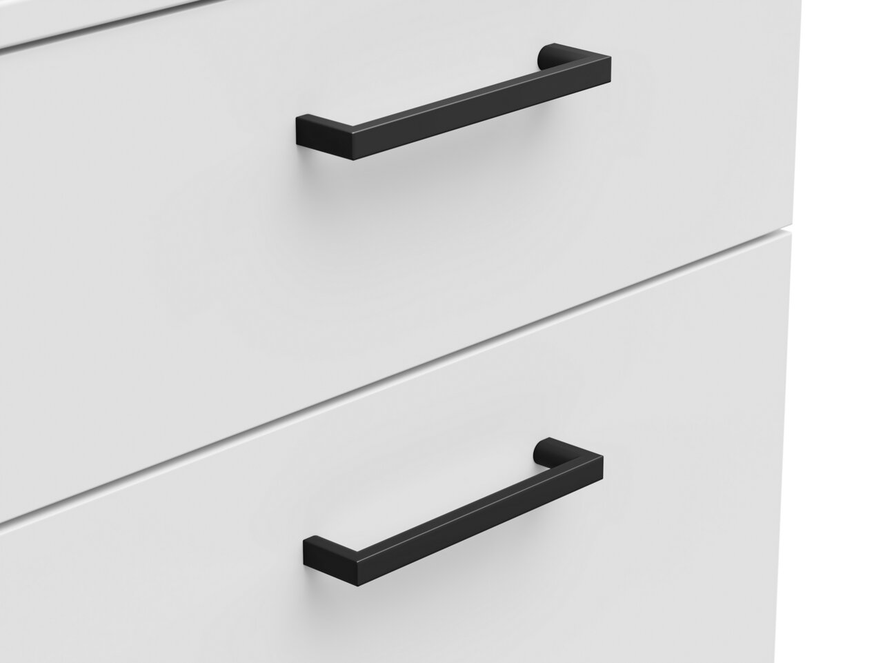 Nahaufnahme von zwei weißen Schubladen mit schwarzen Griffen, seitliche Perspektive