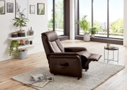 Bruine relaxfauteuil in een moderne woonkamer met grote ramen, zijaanzicht