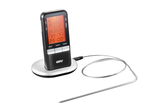 Digitales Bratenthermometer mit beleuchtetem Display und Edelstahlsonde, seitliche Perspektive