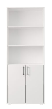 Weißes Regal mit zwei offenen Ablagefächern und Unterschrank mit zwei Türen und schwarzen Griffen, Frontansicht.