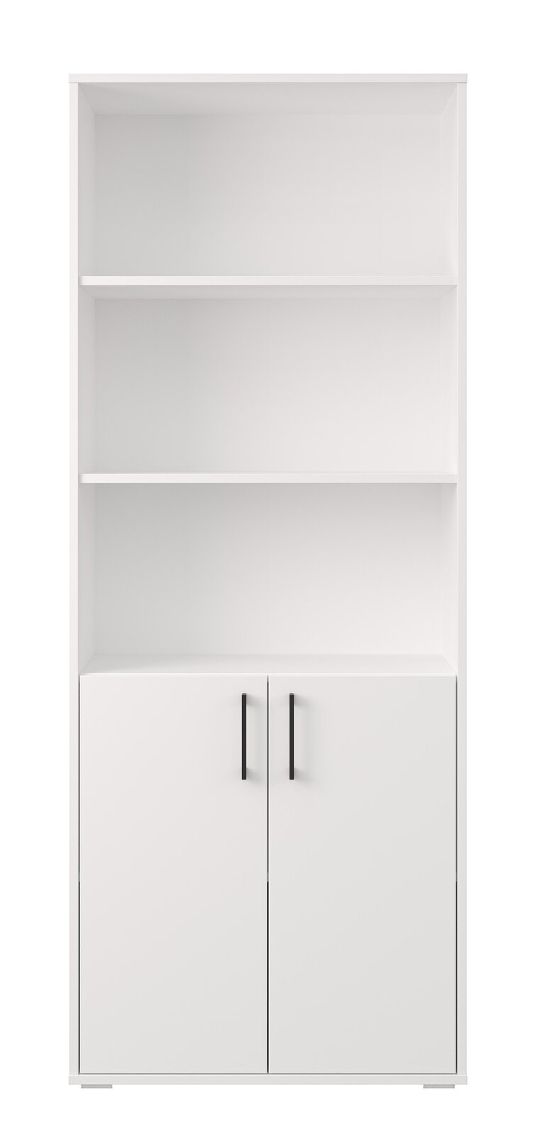 Weißes Regal mit zwei offenen Ablagefächern und Unterschrank mit zwei Türen und schwarzen Griffen, Frontansicht.