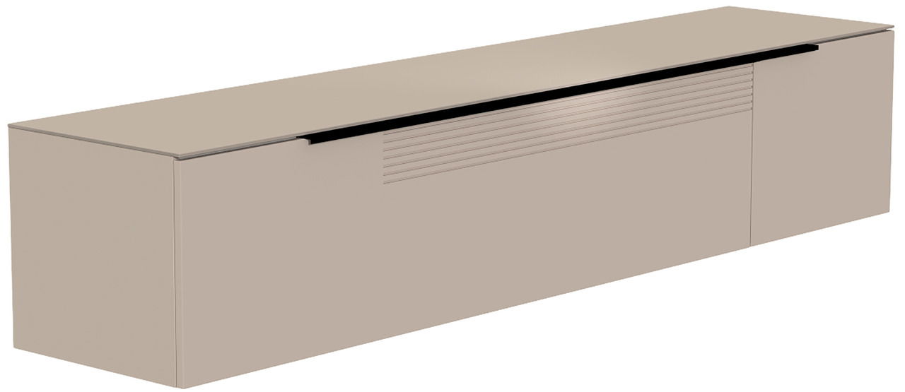 Beigefarbenes XL Hänge-Lowboard aus seitlicher Perspektive mit glatter Oberfläche und horizontalen Linien auf der Front.