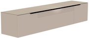 Beigefarbenes XL Hänge-Lowboard aus seitlicher Perspektive mit glatter Oberfläche und horizontalen Linien auf der Front.