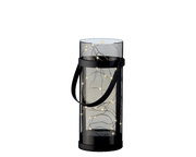 Zylindrische Solar-Laterne aus Acryl mit schwarzem Griff, beleuchtet mit kleinen LED-Lichtern, seitliche Perspektive