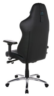 Rückansicht eines schwarzen Gaming-Stuhls mit verstellbaren Armlehnen und einem stabilen Metallfuß.