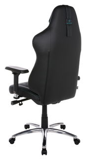 Rückansicht eines schwarzen Gaming-Stuhls mit verstellbaren Armlehnen und einem stabilen Metallfuß.