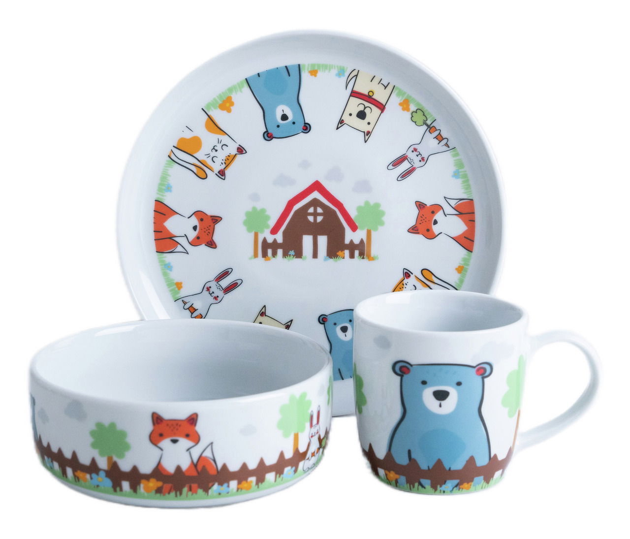 Kinderset bestehend aus einem Teller, einer Schale und einer Tasse mit bunten Tiermotiven wie Fuchs, Bär und Hase, aus der Vorderansicht fotografiert.