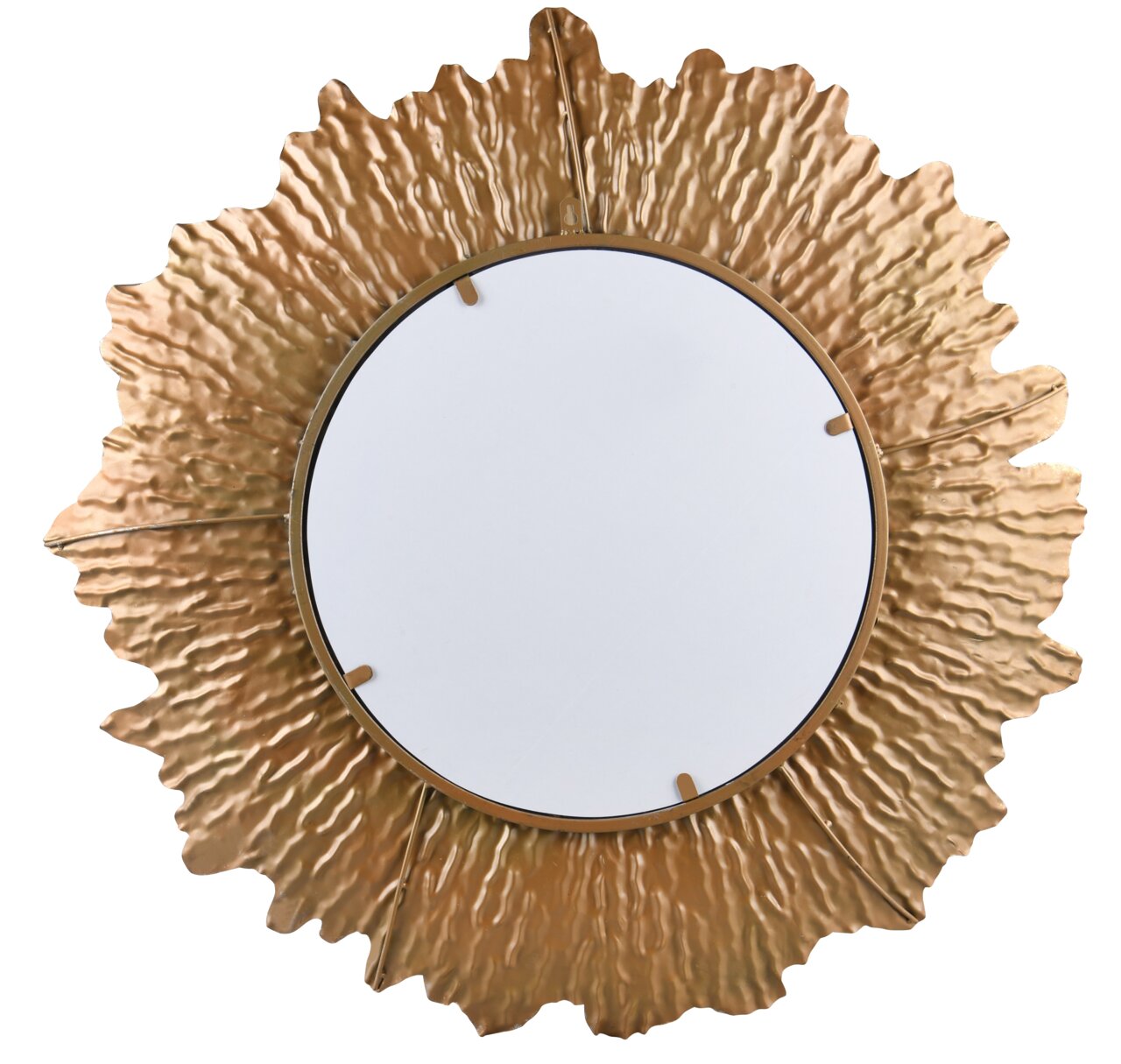Runder Spiegel mit einem Durchmesser von 80 cm, umgeben von einem goldfarbenen, strukturierten Rahmen in Sonnenform. Ansicht von vorne.