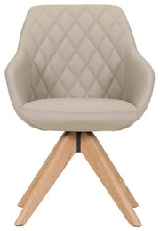 Frontansicht eines modernen Armlehnstuhls mit beige gepolstertem Sitz und Rückenlehne in Rautensteppung, auf einem Holzgestell.