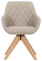 Frontansicht eines modernen Armlehnstuhls mit beige gepolstertem Sitz und Rückenlehne in Rautensteppung, auf einem Holzgestell.