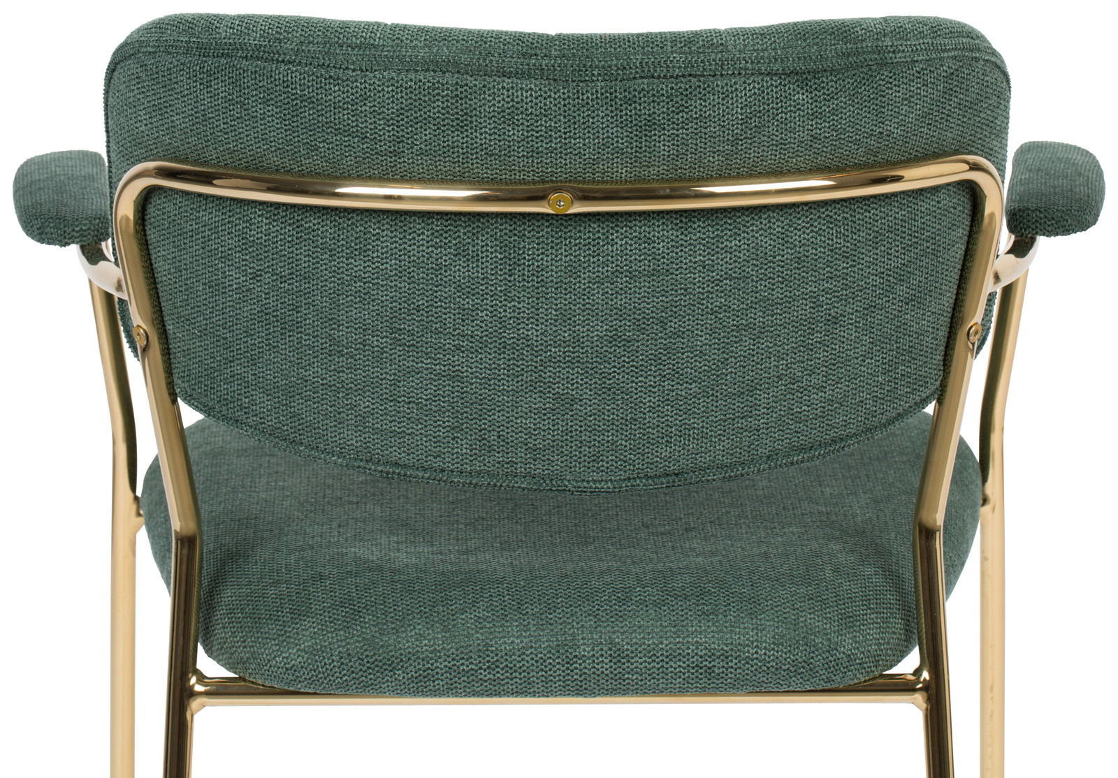 Rückansicht eines Armlehnenstuhls mit grünem Stoffbezug und goldfarbenem Metallrahmen.