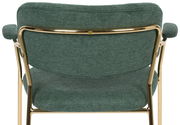 Rückansicht eines Armlehnenstuhls mit grünem Stoffbezug und goldfarbenem Metallrahmen.