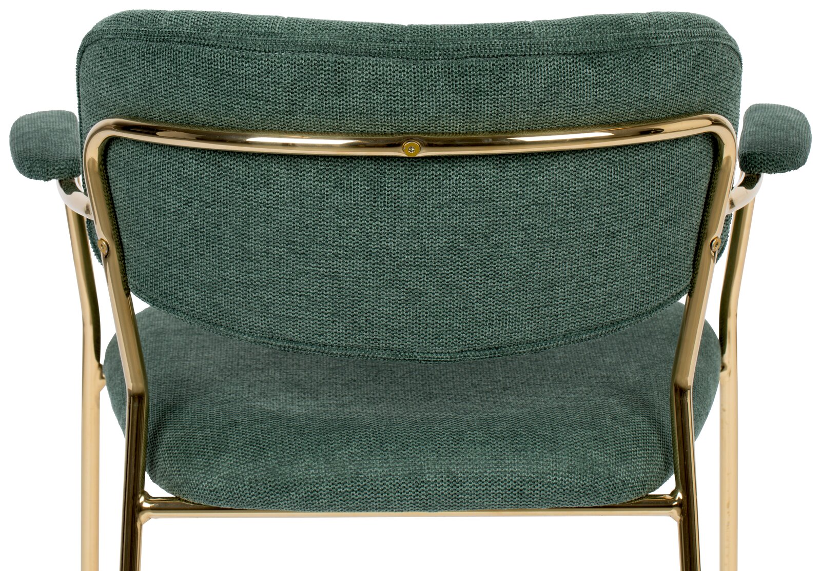 Rückansicht eines Armlehnenstuhls mit grünem Stoffbezug und goldfarbenem Metallrahmen.