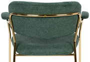 Rückansicht eines Armlehnenstuhls mit grünem Stoffbezug und goldfarbenem Metallrahmen.