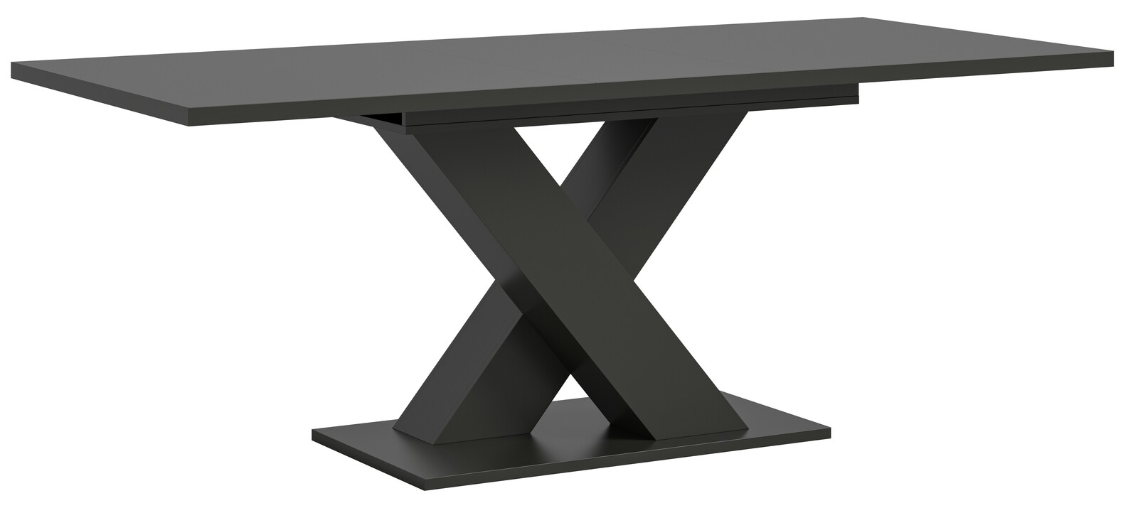 Moderner Esstisch mit X-förmigem Gestell in seitlicher Perspektive